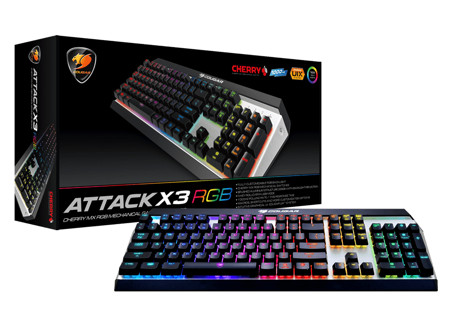 Cougar Attack X3 Silver RGB Fullsize Cherry MX Red Mechanical Keyboard